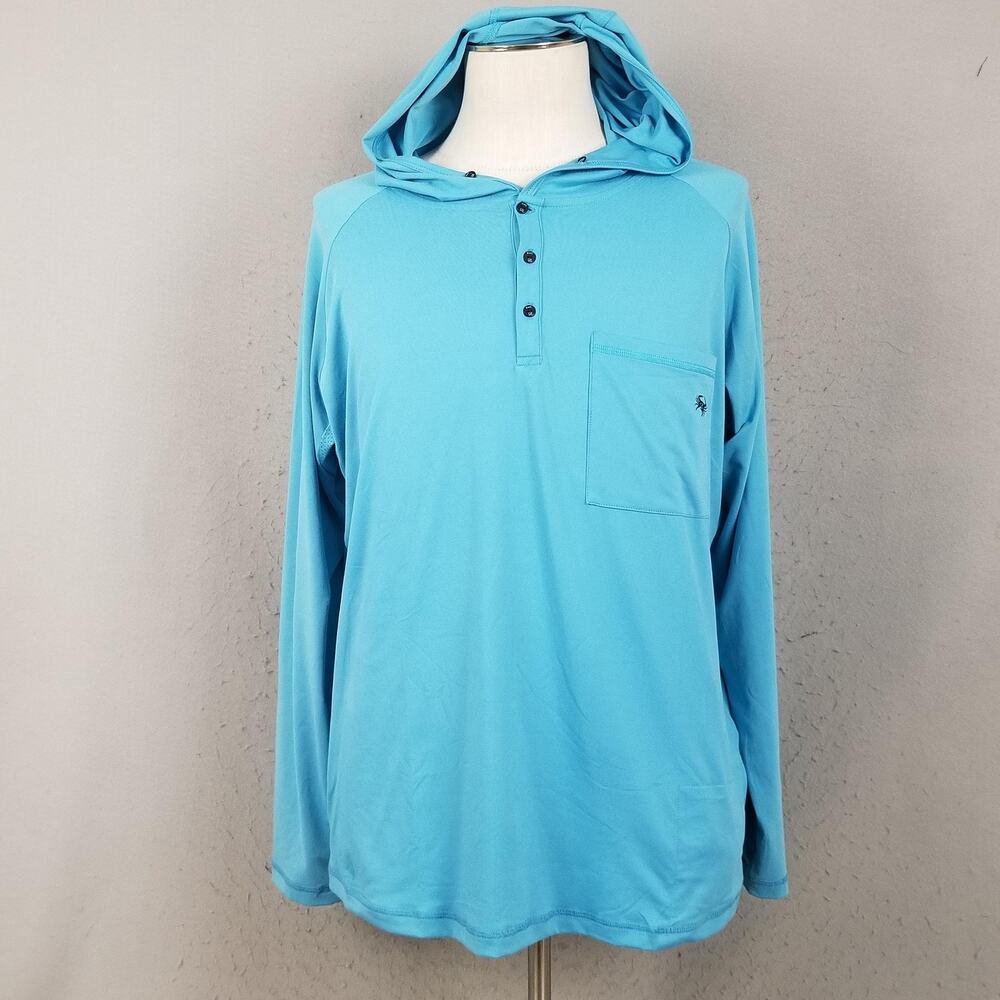 SWC Shirt Mens XL Blue Hooded Henley Long Sleeve Performance Fishing Top